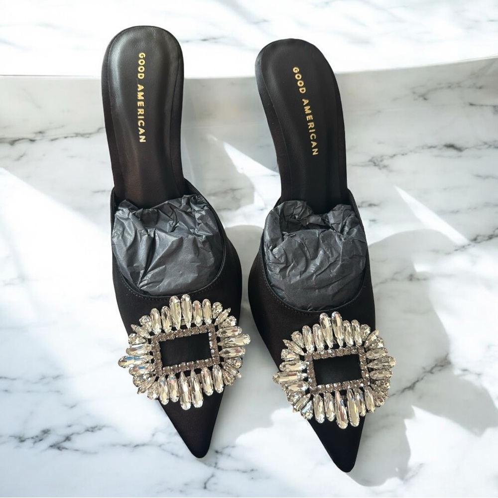 Good American Black Satin Jeweled Glass Slipper Mules 9.5 NIB As Is